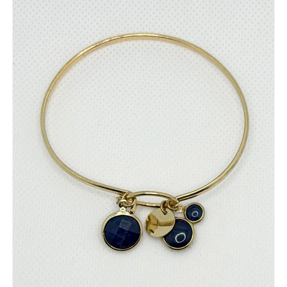 Gold-Tone Wire Bangle Bracelet with Three Dark Blue Round Charms